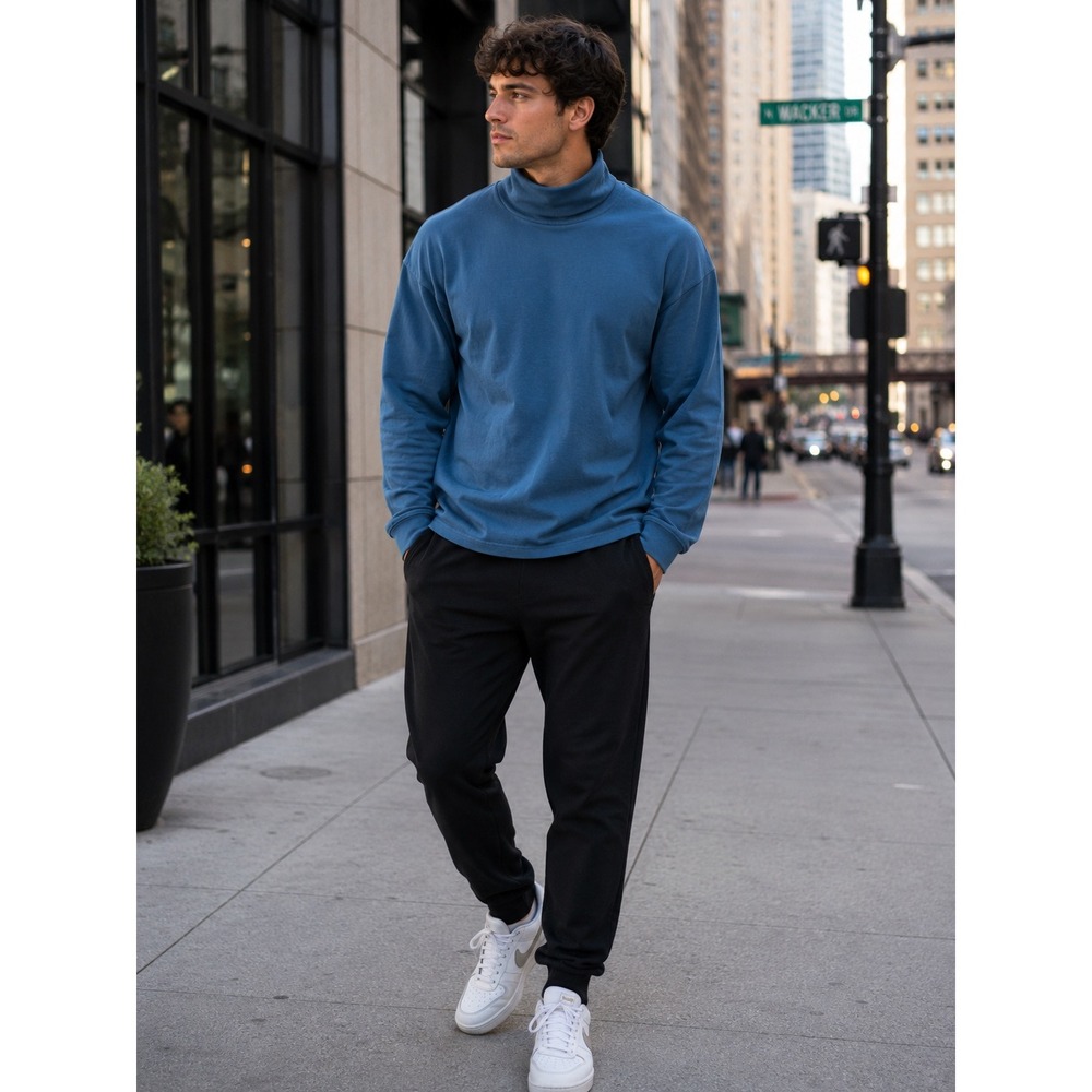 VTG LL Bean Mock Neck Shirt Blue Cotton Long Sleeve Mens XXL